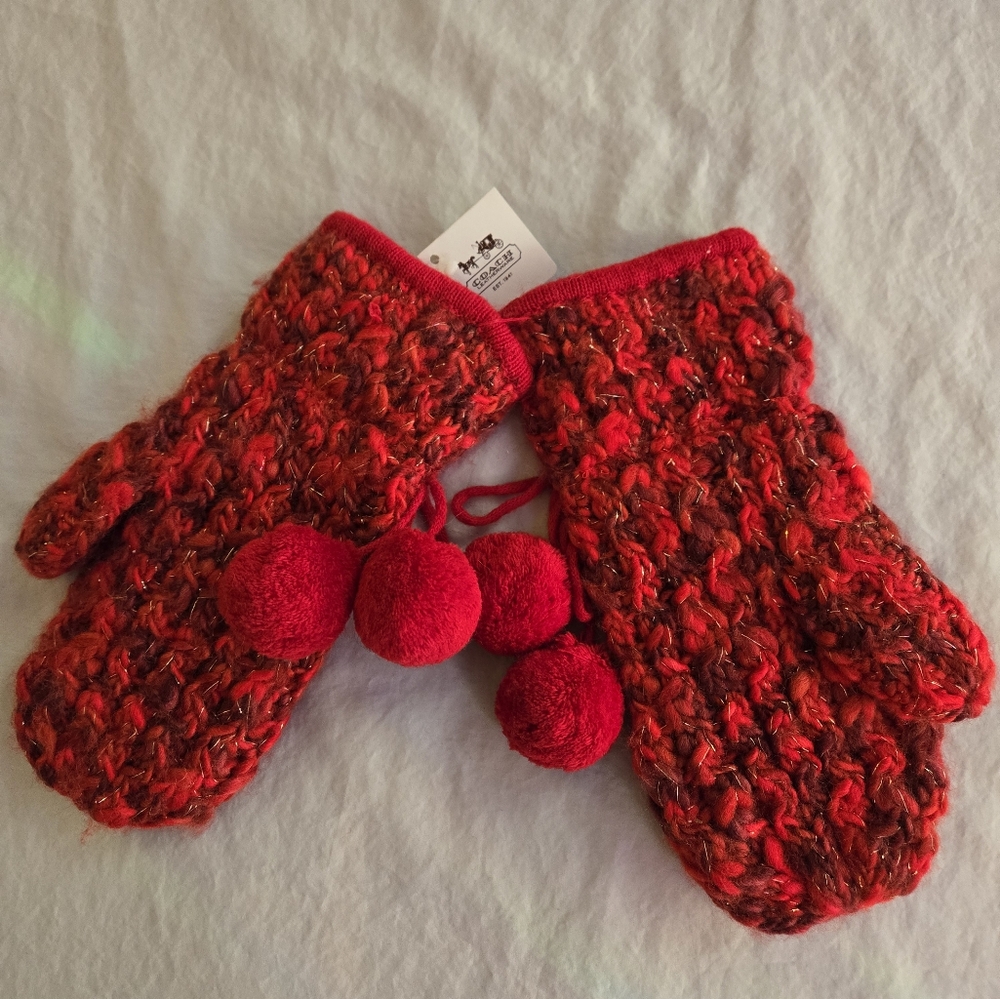 Coach Abby Bobble Mittens Red Chunky Knit Wool Metallic Gold